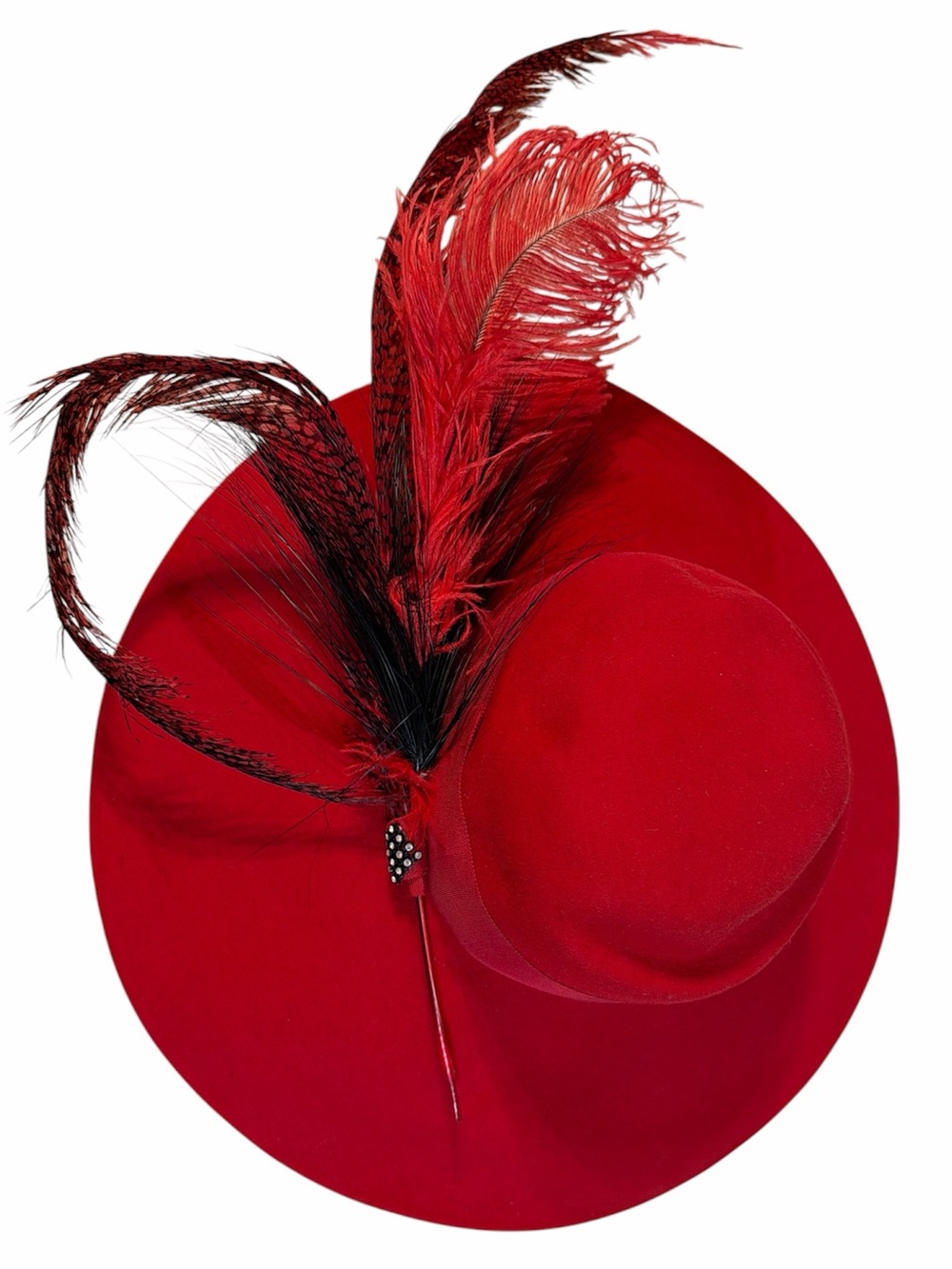 Vintage Michael Howard & Phyllis Ann Wide Brim Red Felt Hat w/Decorative Feather